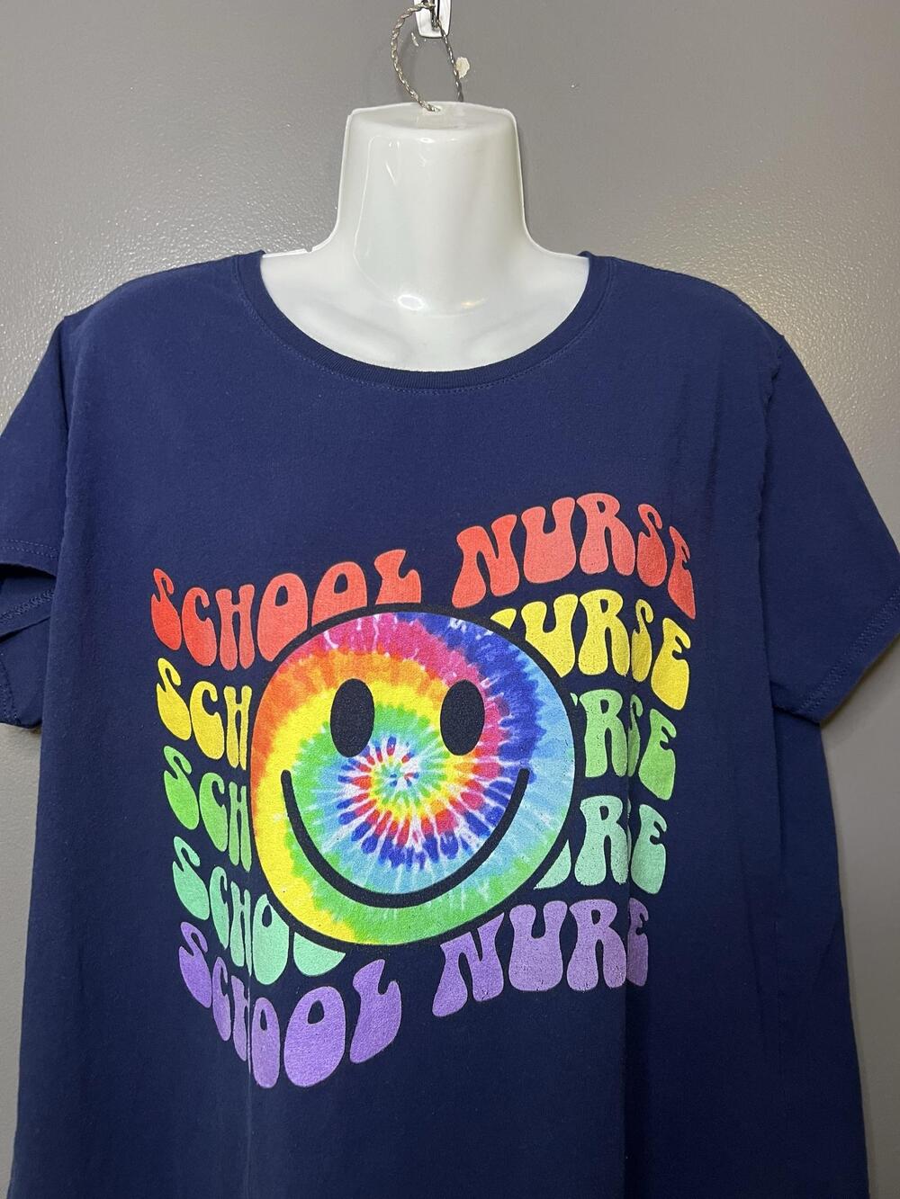 Delta Shirt Womens 2X Blue School Nurse Smiley Face Tie Dye Graphic Tee Shirt